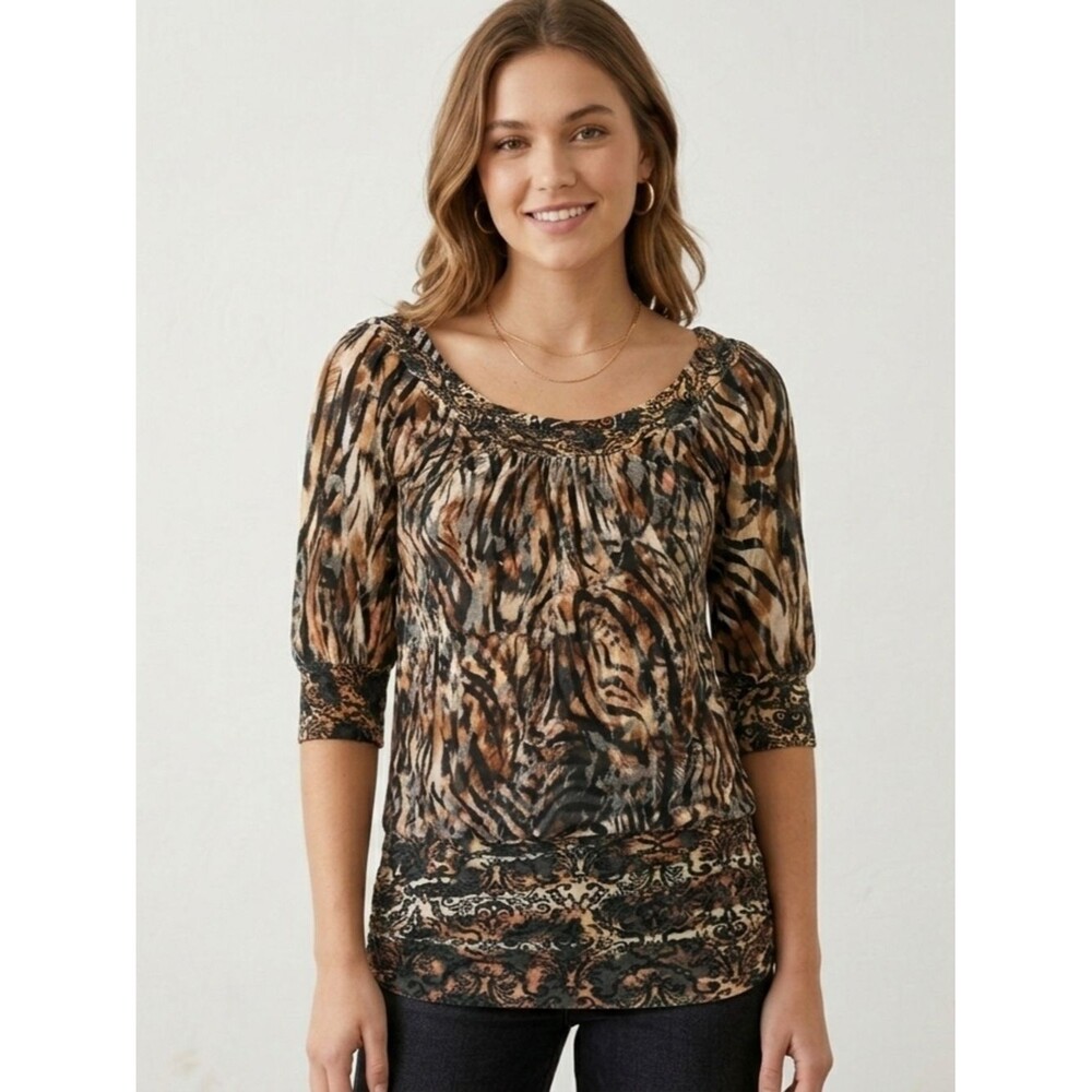 Daytrip Y2K Mixed Print Tiger Damask Blouse Small Brown Animal Print 3/4 Sleeve